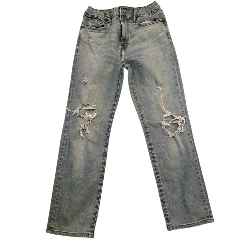 Uniqlo Jeans‎ women Blue Denim Straight Leg Slim Fit Low Rise Thrashed size 11